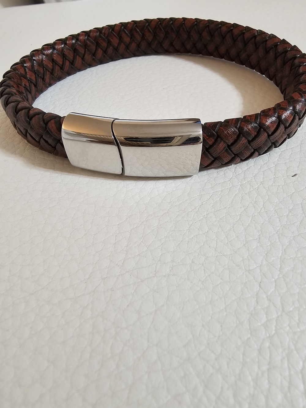 Braided Brown Leather Bracelet with Silver Magnetic Clasp